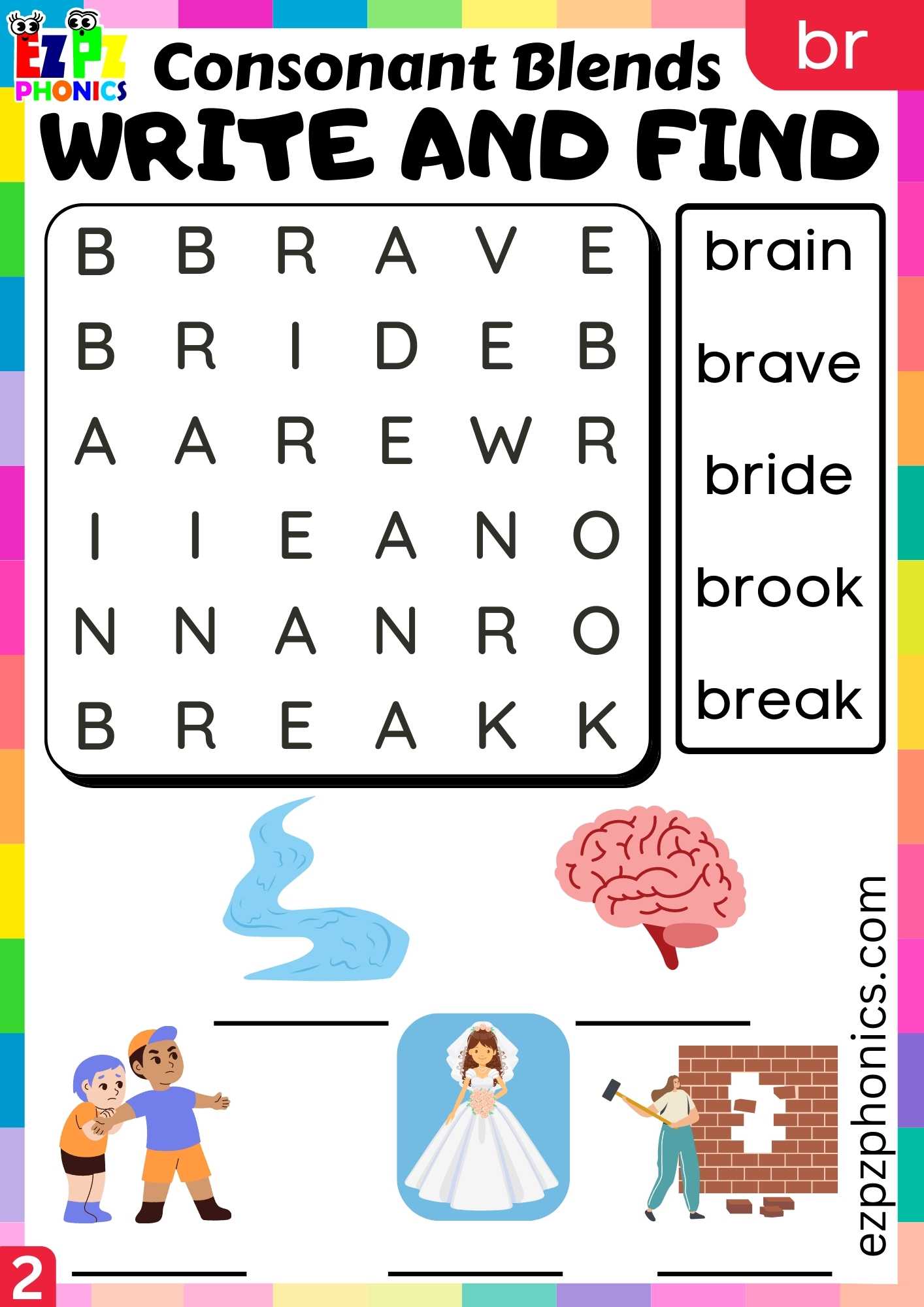 Group2 BR Words Write And Find Phonics Consonant Blends Worksheet